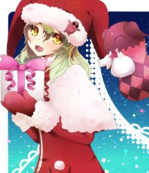  blonde_hair christmas creature doll elise_lutus elize_lutus female gift gloves present santa_costume tales_of_(series) tales_of_xillia teepo_(tales) tippo yellow_eyes 