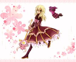  blonde_hair boots creature doll dress elise_lutus elize_lutus female flower frills green_eyes long_hair ribbon staff tales_of_(series) tales_of_xillia teepo_(tales) tippo white_background 