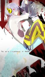  1boy arrow_(symbol) arrow_print bad_id bad_pixiv_id black_footwear black_shirt blood blood_on_face blue_background boots character_name closed_mouth english_text facial_mark feet_out_of_frame from_above from_side grey_background grey_hair headphones kagerou_project konoha_(kagerou_project) konoha_no_sekai_jijou_(vocaloid) layered_sleeves long_sleeves looking_at_viewer looking_up lying male_focus multicolored_background on_back open_mouth pants pants_tucked_in projected_inset red_eyes shadow shirt solo_focus song_name su_i teeth two-tone_footwear two-tone_shirt upside-down white_background white_shirt yellow_footwear yellow_headphones yellow_pants 