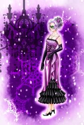  black_gloves blue_eyes candelabra candlestand commentary_request dress elbow_gloves female gloves hair_ornament high_heels highres jewelry mask masquerade necklace pixiv_hogwarts purple_hair purple_theme shoes shui_ping snowflakes solo 