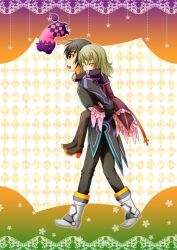  1boy black_hair blonde_hair blush brown_eyes carrying coat doll dress elise_lutus elize_lutus female heart jude_mathis pants short_hair tales_of_(series) tales_of_xillia teepo_(tales) tippo 