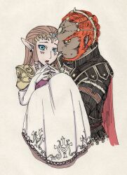  1boy armor blue_eyes brown_hair cape carrying commentary_request dress earrings female ganondorf gerudo gloves goma_tonbi jewelry long_dress long_hair looking_at_viewer open_mouth pointy_ears princess_carry princess_zelda red_eyes red_hair steepled_fingers the_legend_of_zelda the_legend_of_zelda:_twilight_princess tiara 