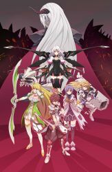  3girls 4boys absurdres aisha_landar bad_id bad_pixiv_id blade_master_(elsword) boots bow_(weapon) chung_seiker code:_nemesis_(elsword) elemental_master_(elsword) elsword elsword_(character) eve_(elsword) fullluv grand_archer_(elsword) highres horns iron_paladin_(elsword) long_hair lord_knight_(elsword) multiple_boys multiple_girls ran_(elsword) raven_cronwell rena_erindel staff thigh_boots thighhighs weapon white_hair zettai_ryouiki 