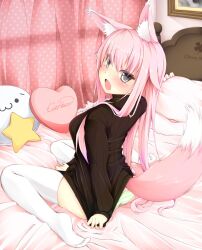  :3 animal_ears bed bed_sheet blush clothes_tug commentary_request curtains drawing_(object) female fox_ears fox_tail grey_eyes heart heart-shaped_pillow jougen long_hair open_mouth original panties pillow pink_hair ribbed_sweater sitting solo star_(symbol) striped_clothes striped_panties sweater sweater_tug tail tears thighhighs underwear wariza white_thighhighs 