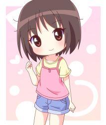  amagami black_hair brown_eyes chibi commentary_request female grey_shorts mirai_(sugar) shorts smile solo tachibana_miya 