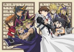  6+boys black_hair blonde_hair brown_hair coat commentary_request dyed_bangs fudo_yusei grin jack_atlas kaiba_mokuba kaiba_seto looking_at_viewer male_focus manjoume_jun millennium_puzzle multicolored_hair multiple_boys muto_yugi one_eye_closed paradox_(yu-gi-oh!) photoshop_(medium) pointing raku_(howdy) smile spiked_hair streaked_hair yami_yugi yu-gi-oh! yu-gi-oh!_3d_bonds_beyond_time yu-gi-oh!_5d&#039;s yu-gi-oh!_duel_monsters yu-gi-oh!_gx yuki_judai 