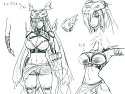  animal_hat armor black_beat braid breasts buckle cleavage commentary_request digimon digimon_(creature) digimon_xros_wars female green_theme hair_over_one_eye hat large_breasts long_hair mervamon monochrome navel pauldrons reference_sheet shorts shoulder_armor thighhighs translation_request 