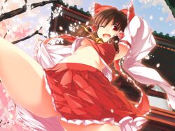  bow breasts brown_hair commentary_request detached_sleeves female from_below hair_tubes hairbow hakurei_reimu hinohoshi_ataru navel no_bra one_eye_closed open_mouth photoshop_(medium) red_bow red_eyes small_breasts solo thighs touhou underboob upshirt upskirt 