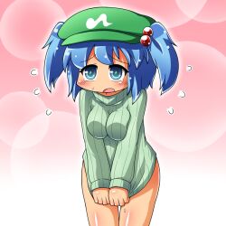  alternate_costume bad_id bad_pixiv_id blue_eyes blush bottomless breasts clothes_tug commentary_request covering_crotch covering_privates embarrassed female green_shirt hair_bobbles hair_ornament hat jinnouchi_akira kawashiro_nitori medium_breasts naked_sweater no_pants ribbed_sweater shirt short_hair simple_background solo sweater sweater_tug touhou two_side_up 