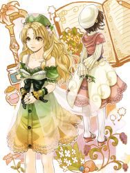  2girls arms_behind_back atelier_(series) atelier_ayesha ayesha_altugle bad_id bad_pixiv_id blonde_hair bow brown_eyes brown_hair dress flower frown green_skirt hair_flower hair_ornament hat long_hair meri_(artist) multiple_girls nio_altugle off-shoulder_dress off_shoulder pantyhose sandals short_hair siblings sisters skirt waist_bow white_legwear 