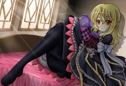  black_legwear blonde_hair creature doll dress elise_lutus elize_lutus female frills green_eyes long_hair orange_eyes ribbon seraphina tales_of_(series) tales_of_xillia teepo_(tales) tippo window 