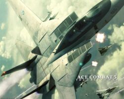  ace_combat ace_combat_5 afterburner aim-9_sidewinder aircraft airplane artist_request battle cloud contrail drop_tank emblem explosion f-14_tomcat fighter_jet helmet jet military military_vehicle missile namco no_humans official_art official_wallpaper pilot vehicle_focus wardog_squadron 