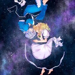  1boy ahoge ameya_nihachi apron barefoot blonde_hair bow braid closed_eyes commentary_request female glasses grey_hair kirisame_marisa long_hair lying milky_way morichika_rinnosuke rotational_symmetry short_hair space star_(sky) touhou waist_apron 