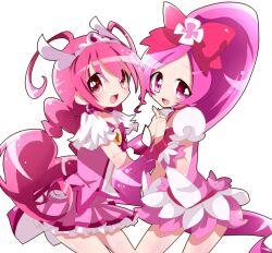  2girls antenna_hair bad_id bad_pixiv_id blush bow choker color_connection commentary_request cure_blossom cure_happy frills hanasaki_tsubomi head_wings heartcatch_precure! high_ponytail holding_hands hoshizora_miyuki huge_bow in-franchise_crossover interlocked_fingers long_hair low_twintails magical_girl multiple_girls no_nose payu_(arucure) pink_bow pink_choker pink_eyes pink_hair pink_skirt pink_theme ponytail precure puffy_sleeves shiny_skin skirt smile smile_precure tiara twintails white_background wide_ponytail wings wrist_cuffs 