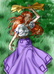  aged_up closed_eyes commentary_request female grass long_hair long_skirt malon pointy_ears red_hair sarah_quillian skirt sleeping solo the_legend_of_zelda the_legend_of_zelda:_ocarina_of_time tunic 