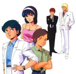  1980s_(style) 4boys amuro_ray artist_request bare_shoulders belt black_hair blonde_hair blue_eyes blue_hair brown_eyes brown_hair char_aznable crossed_arms dress_shirt fa_yuiry female formal gundam hairband hand_in_pocket jewelry kamille_bidan katz_kobayashi kitazume_hiroyuki multiple_boys necktie official_art pendant quattro_bajeena retro_artstyle shirt short_hair simple_background smile suit waistcoat watch wristwatch zeta_gundam 