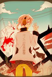  2boys amamiya_hibiya analog_clock arrow_(symbol) arrow_print asahina_hiyori black_shirt blood blood_splatter blue_sky character_name clock cloud commentary_request cowboy_shot crosswalk day death dial dress facing_to_the_side female from_behind hair_over_eyes halftone headphones hood hoodie kagerou_days_(vocaloid) kagerou_project konoha_(kagerou_project) konoha_no_sekai_jijou_(vocaloid) kujou_saku line_art long_bangs long_sleeves looking_at_viewer looking_back lyrics male_focus multiple_boys neck_warmer outdoors pants partially_colored pinafore_dress pink_eyes ponytail portrait power_lines projected_inset rounded_corners shirt short_hair short_ponytail sky sleeveless sleeveless_dress sleeveless_hoodie solo_focus song_name utility_pole white_hair white_shirt yellow_pants 