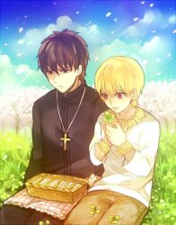  2boys bad_id bad_pixiv_id blonde_hair bracelet brown_eyes brown_hair casual clover cross cross_necklace earrings expressionless fate/zero fate_(series) four-leaf_clover gilgamesh_(fate) jewelry kotomine_kirei male_focus multiple_boys necklace official_alternate_costume photoshop_(medium) picnic red_eyes toriatte v-neck 