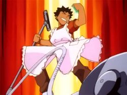  1boy animated animated apron dress epic grin lowres male male_focus pokemon smile solo takeshi_(pokemon) vacuum vacuum_cleaner 