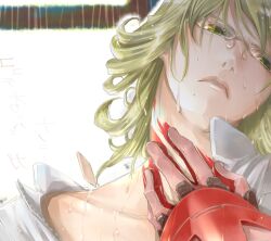  1boy armor barnaby_brooks_jr. blonde_hair commentary_request dual_persona gauntlets glasses green_eyes jacket male_focus md5_mismatch nasuo224 power_armor tiger_&amp;_bunny upper_body wet wet_hair 