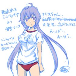  bad_id bad_pixiv_id blue_eyes buruma female gym_uniform long_hair purple_eyes purple_hair red_buruma senki_zesshou_symphogear shima_majin simple_background solo translated twintails white_background yukine_chris 