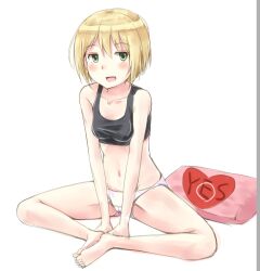  :d arm_support bad_id bad_pixiv_id bare_shoulders barefoot blonde_hair blush butterfly_sitting cameltoe collarbone erica_hartmann female full_body green_eyes groin kino_(kino_buro) looking_at_viewer navel open_mouth panties pillow short_hair simple_background sitting smile solo strike_witches tank_top underwear v_arms white_background white_panties world_witches_series yes yes-no_pillow 