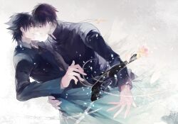  2boys ayu_(auko2010) bad_id bad_pixiv_id black_coat black_eyes black_hair brown_eyes brown_hair cassock cigarette coat cross cross_necklace dropping emiya_kiritsugu falling_petals fate/zero fate_(series) flower gun hand_on_another&#039;s_back handgun hug imminent_kiss jewelry kotomine_kirei long_sleeves male_focus mouth_hold multiple_boys necklace overcoat petals photoshop_(medium) plant rose smoke thompson/center_contender thorns vines weapon white_flower white_rose yaoi 