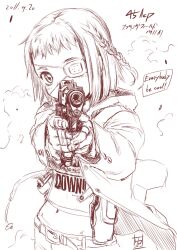  aiming aiming_at_viewer braid character_request copyright_request dated english_text eyepatch female gun handgun holding holding_gun holding_weapon holster hood hooded_jacket inoue_sora jacket m1911 midriff monochrome photoshop_(medium) short_hair single_braid solo translated trigger_discipline weapon 