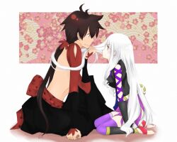  1boy barefoot blush brown_hair commentary_request eye_contact feet female fujiwara_itsuki katanagatari long_hair looking_at_another smile soles toeless_legwear togame very_long_hair white_hair yasuri_shichika 