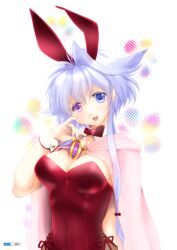  animal_ears blue_hair bow bowtie breasts cape commentary_request detached_collar easter easter_egg egg female heterochromia highres lavolpe_(yagisaka_seto) leotard long_hair original pantyhose playboy_bunny rabbit_ears red_leotard sidelocks solo wrist_cuffs yagisaka_seto 