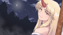  bare_shoulders blonde_hair commentary_request crescent_moon eyebrows female herio horns hoshiguma_yuugi hoshiguma_yuugi_(kimono) light_smile moon night night_sky off_shoulder photoshop_(medium) pointy_ears red_eyes single_horn sky solo touhou upper_body 