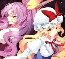  2girls bad_id bad_pixiv_id blonde_hair bow hat hat_bow long_hair looking_at_viewer looking_back multiple_girls photoshop_(medium) ponytail purple_hair red_eyes ribbon roh_nam_kyung siblings sisters smile touhou upper_body watatsuki_no_toyohime watatsuki_no_yorihime 