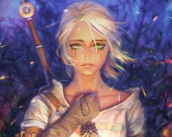  cirilla_fiona_elen_riannon close cropped gloves green_eyes nababa necklace realistic short_hair sword tears the_witcher weapon white_hair 