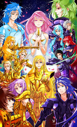  6+boys aquarius_camus aries_muu aries_shion armor athena_(saint_seiya) bad_id bad_pixiv_id bon_bonko cancer_death_mask capricorn_shura dagger female full_armor gemini_kanon gemini_saga gold_armor gold_saint highres kido_saori knife leo_aiolia libra_douko multiple_boys pisces_aphrodite saint_seiya scorpio_milo taurus_aldebaran virgo_shaka weapon zodiac 