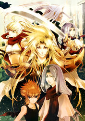  5boys altar_hakurei aries_muu aries_shion armor atla_(saint_seiya) commentary_request crane_yuzuriha facial_mark female gold_armor gold_saint holding holding_sword holding_weapon ichimaru_ano kiki_(saint_seiya) looking_at_viewer multiple_boys saint_seiya saint_seiya:_the_lost_canvas sword weapon 