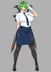  breasts commentary_request female gloves green_hair hair_over_one_eye highres large_breasts midou_tsukasa necktie open_mouth orange_eyes otonashi_kiruko pantyhose pencil_skirt police police_uniform policewoman salute shinmai_fukei_kiruko-san short_hair simple_background skirt sword uniform weapon 