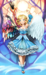  angel angel_wings armpits arms_up asymmetrical_wings blonde_hair blue_dress blue_eyes borrowed_character cassie_(acerailgun) commentary commission cyborg detached_sleeves dress english_commentary feathered_wings female frilled_dress frills full_body girutea mechanical_arms mechanical_wings original photoshop_(medium) shoes single_mechanical_arm smile solo stained_glass toeless_footwear winged_footwear wings 