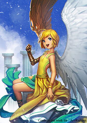  :d ahoge angel angel_wings asymmetrical_wings bangle blonde_hair blue_eyes borrowed_character bracelet breasts cassie_(acerailgun) cloud commentary commission covered_navel cyborg day english_commentary feathered_wings feathers female happy jewelry mechanical_arms mechanical_wings neoartcore open_mouth original pendant photoshop_(medium) pillar single_mechanical_arm sitting sky sleeveless small_breasts smile solo wings 