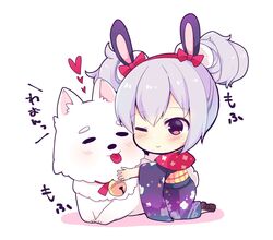  ;&gt; animal animal_ears animal_hug azur_lane bell blue_kimono blush bow brown_eyes brown_footwear canine chinese_zodiac closed_mouth commentary_request double_bun female floral_print hair_between_eyes hair_bun hairband hairbow heart highres japanese_clothes jingle_bell kimono laffey_(azur_lane) laffey_(snow_rabbit_and_candy_apple)_(azur_lane) long_sleeves new_year obi official_alternate_costume one_eye_closed print_kimono rabbit_ears red_bow red_hairband samoyed_(dog) sash shiopy shoes smile solo tongue tongue_out translated white_background white_hair wide_sleeves year_of_the_dog 