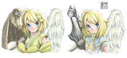  ahoge angel angel_wings asymmetrical_wings blonde_hair blue_eyes borrowed_character breasts capelet cassie_(acerailgun) cyborg eudetenis feathered_wings flower hair_flower hair_ornament japanese_clothes kimono mechanical_arm mechanical_wings multiple_views original simple_background small_breasts smile upper_body variations white_background wings 