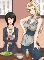  2girls :d black_hair blonde_hair brown_eyes closed_eyes closed_eyes facial_mark food forehead_mark long_hair looking_at_viewer multiple_girls naruto open_mouth pig powudon shizune_(naruto) short_hair smile standing table tonton tonton_(naruto) tsunade 