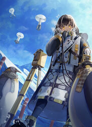  ^^^ animal arknights backpack bag bannouyakunta bird bird_mask blue_sky blush boots breath brown_hair clothed_animal cloud cloudy_sky coat cold commentary day drone earrings feet_out_of_frame female glint gloves highres jewelry looking_at_viewer magallan_(arknights) mask mask_around_neck multicolored_hair open_mouth outdoors penguin photoshop_(medium) rhine_lab_logo scarf short_hair single_earring sky solo standing strap streaked_hair sunglasses theodolite two-tone_hair white_coat white_footwear white_gloves white_hair winter_clothes winter_coat yellow_eyes 