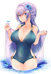  absurdres blue_eyes blue_flower breasts casual_one-piece_swimsuit cleavage commentary_request covered_navel cross cross_necklace damenano104 female flower grey_hair hair_flower hair_intakes hair_ornament highres jewelry large_breasts long_hair magia_record:_mahou_shoujo_madoka_magica_gaiden mahou_shoujo_madoka_magica necklace o-ring o-ring_swimsuit one-piece_swimsuit smile solo swimsuit thick_thighs thighs wading yakumo_mitama yakumo_mitama_(swimsuit_costume) 