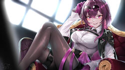  absurdres armchair black_pantyhose breasts chair collared_shirt commentary_request eyewear_on_head female gloves grin hair_between_eyes high-waist_shorts highres honkai:_star_rail honkai_(series) indoors kafka_(honkai:_star_rail) kirifu_neru knee_up large_breasts long_hair long_sleeves looking_at_viewer pantyhose pantyhose_under_shorts purple_eyes purple_gloves purple_hair shirt shorts sitting smile solo sunglasses thighs white_shirt 