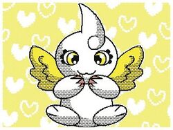  4:3 :3 ahoge ambiguous_gender bandai_namco biped colored digimon digimon_(species) digital_media_(artwork) eyelashes feathered_wings feathers feral flipnote_studio_3d_(artwork) hair hand_on_face heart_pattern_background heart_symbol kyupimon low_res luckypanda pattern_background pixel_(artwork) pixelated pseudo_hair pseudo_horn shaded simple_background solo spread_wings white_body wings yellow_background yellow_eyes yellow_wings 