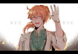  1boy ^_^ ahoge blush closed_eyes fate/grand_order fate_(series) gloves goodbye lab_coat letterboxed long_hair male_focus namahamu_(hmhm_81) open_mouth orange_hair ponytail romani_archaman smile solo twitter_username waving white_gloves 