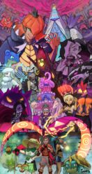  4girls 6+boys alcremie allister_(pokemon) appletun bad_id bad_pixiv_id bea_(pokemon) bede_(pokemon) centiskorch cloud coalossal commentary dark-skinned_female dark-skinned_male dark_clouds dark_skin drednaw duraludon eldegoss flapple freckles galarian_rapidash gengar gigantamax gigantamax_alcremie gigantamax_centiskorch gigantamax_coalossal gigantamax_duraludon gigantamax_gengar gigantamax_lapras gigantamax_machamp gordie_(pokemon) gym_uniform hat highres ippers kabu_(pokemon) lapras machamp mask melony_(pokemon) milo_(pokemon) multiple_boys multiple_girls nessa_(pokemon) obstagoon opal_(pokemon) piers_(pokemon) pokemon pokemon_(creature) pokemon_swsh raihan_(pokemon) rotom rotom_phone shorts smile sunglasses 