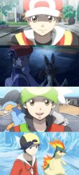  4boys anime_screenshot backwards_hat bad_id bad_pixiv_id bandana baseball_cap black_hair brendan_(pokemon) brown_hair coat ethan_(pokemon) hat lucario lucas_(pokemon) male_focus multiple_boys niimura_(csnel) pokemon pokemon_(creature) pokemon_dppt pokemon_emerald pokemon_frlg pokemon_hgss pokemon_platinum pokemon_rse quilava red_(pokemon) swampert winter_clothes 