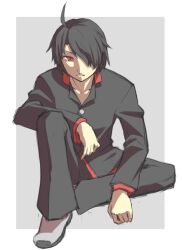  1boy ahoge araragi_koyomi bad_id bad_pixiv_id black_hair black_jacket black_pants border closed_mouth collarbone gakuran grey_background grey_footwear jacket loafers long_sleeves looking_at_viewer male_focus monogatari_(series) naoetsu_high_school_uniform outside_border pants red_eyes school_uniform shoes short_hair sitting solo white_border yukigumo 