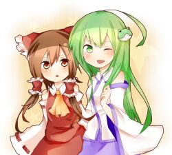  2girls ahoge ascot bow brown_eyes brown_hair commentary_request detached_sleeves frog_hair_ornament green_eyes green_hair hair_ornament hair_tubes hairbow hakurei_reimu kochiya_sanae multiple_girls tosura-ayato touhou 